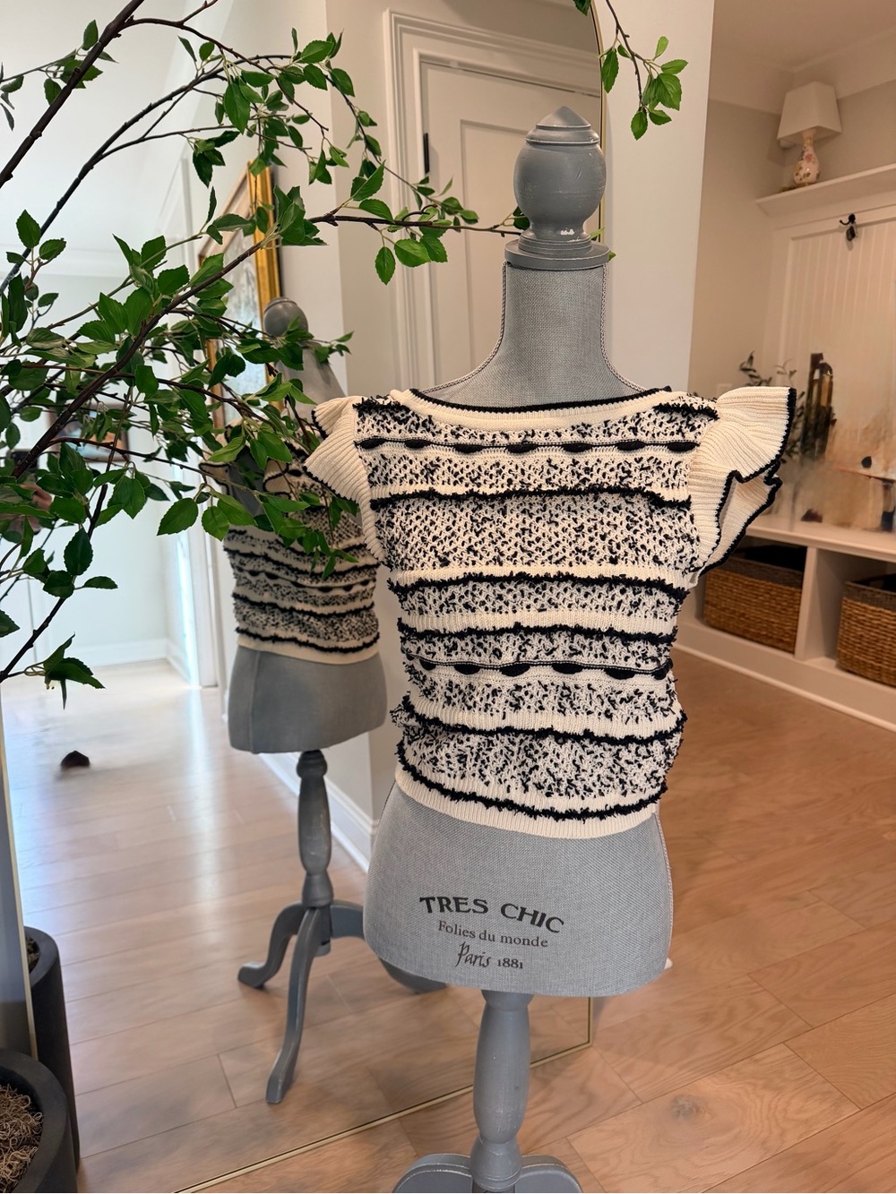 Anthropologie Cream and Black Ruffle-Trim Knit Top